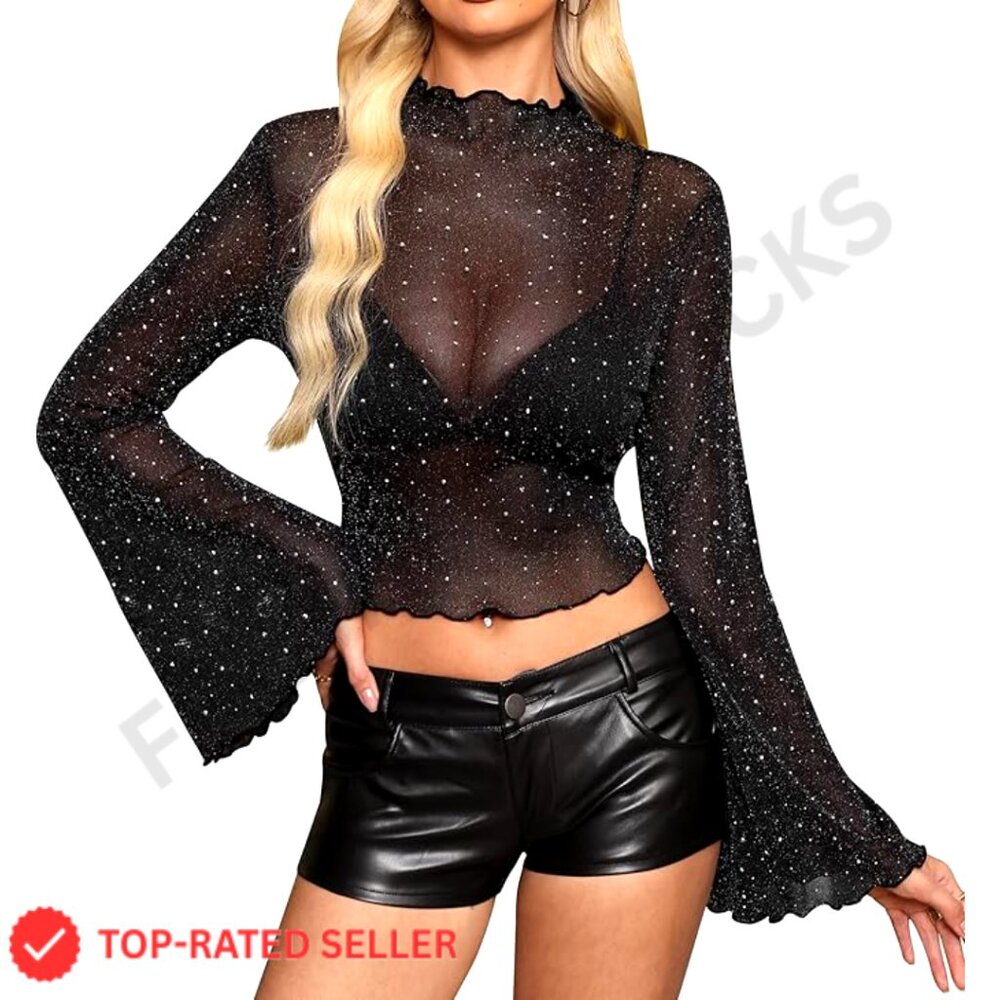 Sheer Mesh Bell Sleeve Crop Top Mock Neck Lettuce Trim Boho Chic